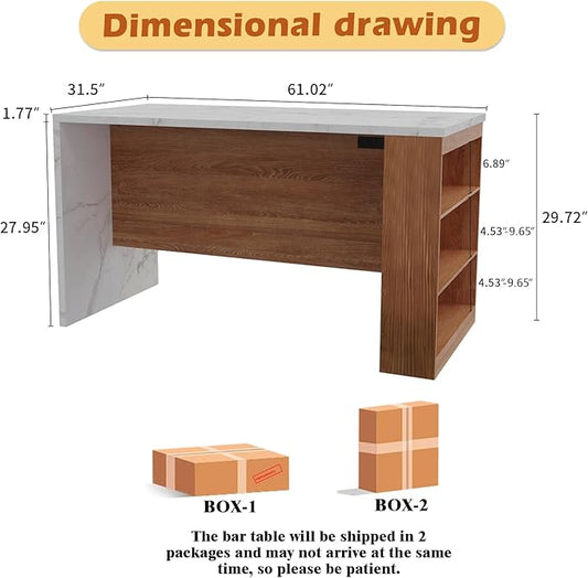 Large Island Table for Kitchen with Charging Station, Faux Marble Wooden Dining Table for 4-6 People, Modern Luxury Kitchen Island with LED Lights & Storage Space(61"x31"x35.4")