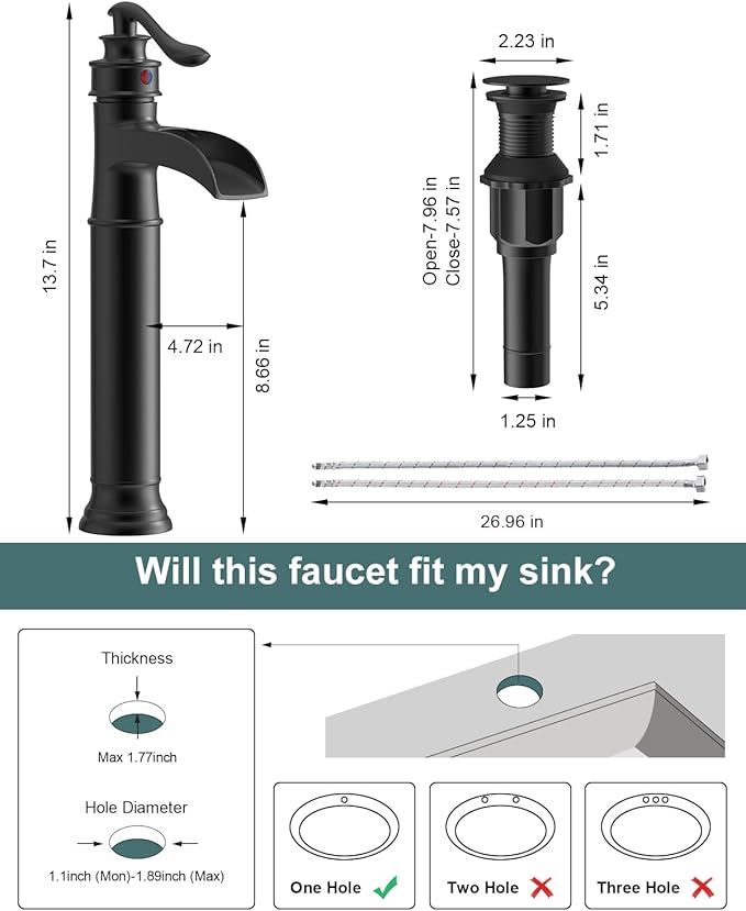 BWE Vessel Sink Faucet Waterfall Matte Black with Pop Up Drain Without Overflow and Supply Lines, Black Sink Faucet Bathroom One Handle Faucets Vanity Bath Mixer Tap