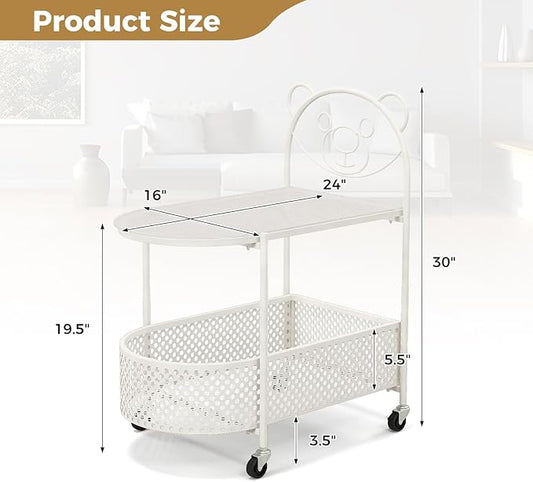 Giantex Mobile Glass Coffee Table, 2-Tier Modern Cocktail Table with Bear Pattern, Storage Basket & Metal Frame, Sofa Side Tea Table on Lockable Wheels, Center Table for Living Room, Bedroom (White)