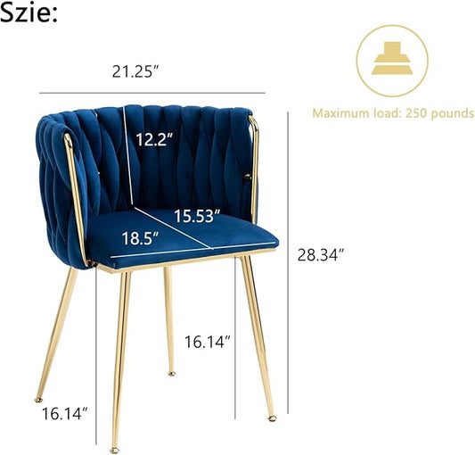 Nrizc Woven Dining Chairs Set of 2, Velvet Upholstered Dining Chairs with Gold Metal Legs, Modern Accent Chairs for Living Room, Dining Room, Kitchen (Blue)