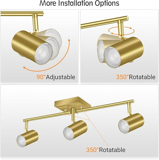 BoostArea 3 Light Track Lighting Fixtures Ceiling, Gold Kitchen Lighting Fixtures Ceiling, LED Track Lighting Kit, Rotatable Light Heads, Modern Track Lights for Kitchen/Living Room/Hallway, No Bulb