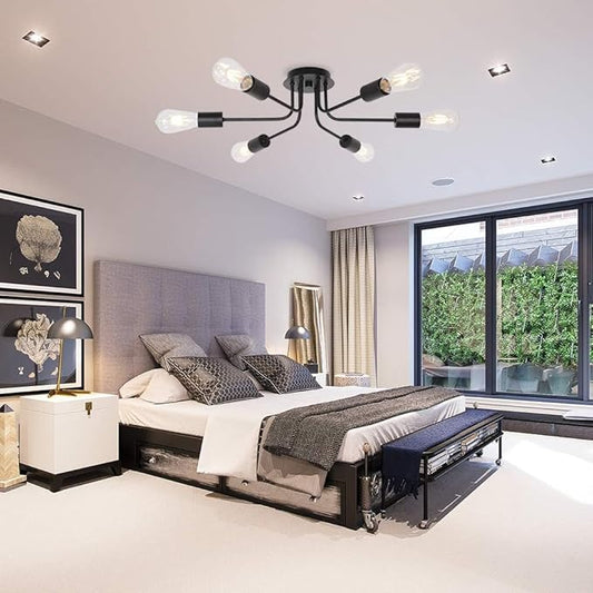 Semi Flush Mount Ceiling Light Fixture 6-Light Modern Sputnik Chandelier Lighting Black Vintage Metal Ceiling Lamp E26 Living Room Light Fixtures for Kitchen Dining Room Bedroom Foyer