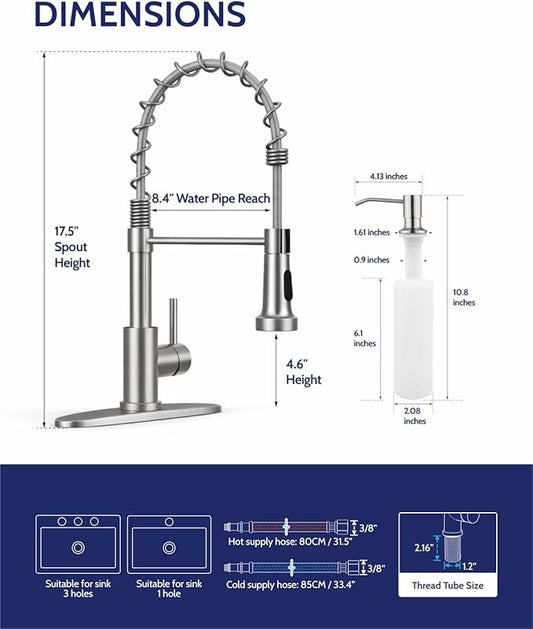LUFEIDRA Kitchen Faucet with Pull Down Sprayer and Soap Dispenser, High Arc Spring 304 Stainless Steel Single Handle 1 or 3 Hole 2 Mode for Farmhouse RV Camper Laundry Wet Bar (Brushed Nickel)