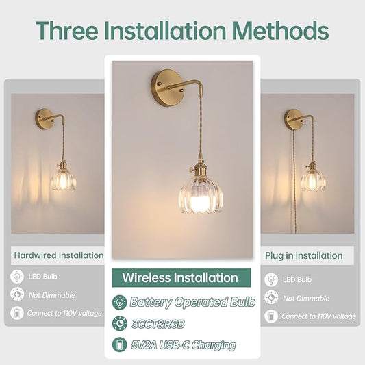 Shenmoyl Battery Operated Wall Sconce with Clear Tulip Shade Pattern Glass Adjustable Chain Retro Gold Wall Mounted Light, Modern Wall Decor for Bedside Bedroom Indoor Doorway, Set of 2