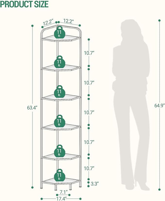 Hzuaneri Corner Shelf Stand, 6-Tier Glass Bookshelf Bookcase, Bathroom Organizer, Plant Stand, Steel Frame, Tempered Glass, Modern Style for Living Room, Bathroom, Kitchen, Black CS90600B