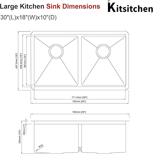 Kitsitchen Undermount Kitchen Sink, 16 Gauge T-304S Stainless Steel Workstation Sink, 50/50 Double Kitchen Sinks, 30" x 18" x 10" Large and Deep Handmade Kitchen Sinks with Accessories