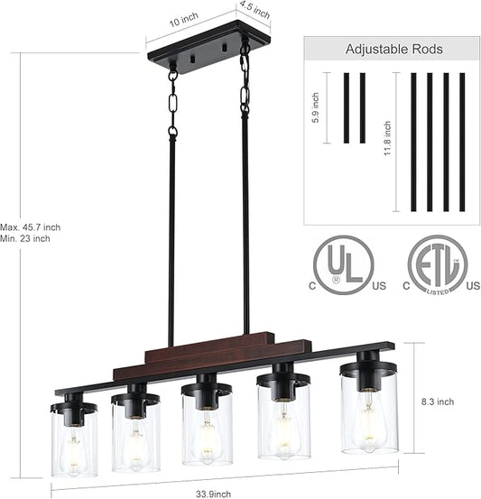 Dining Room Light Fixture Over Table Above Farmhouse Kitchen Island Lighting,Matte Black Rustic Rectangular Linear Chandelier Wood Pendant 5-Light Ceiling Hanging with Glass Shade for Bar Restaurant