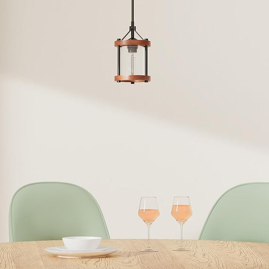 Farmhouse Pendant Light, Rustic Walnut Wood Metal Cage Hanging Light Fixtures with Glass, Adjustable for Flat and Slop Ceiling, Pendant Lighting for Kitchen Island Foyer Hallway,2-Pack