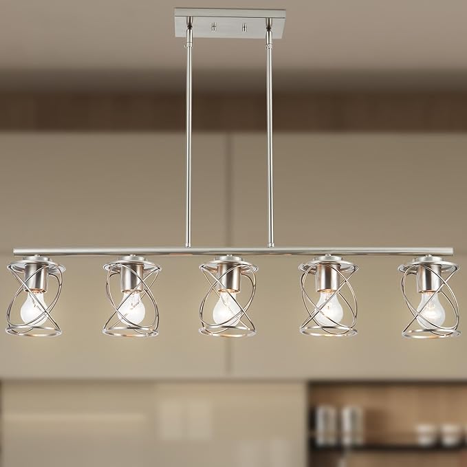 mavcadonf Kitchen Island Light, 5-Light Dining Room Lighting Fixtures Hanging, Farmhouse Linear Pendant Light for Kitchen Island Table Living Room with Adjustable Rods, Brushed Nickel