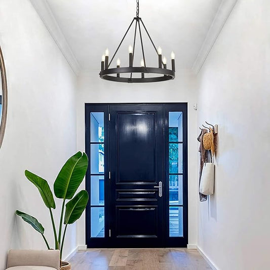 8 Lights Farmhouse Wagon Wheel Chandelier, D24" Black Round Chandeliers for Dining Room, Modern Industrial Kitchen Island Pendant Light Fixtures for Foyer Living Room Entryway Bedroom, E12 Socket