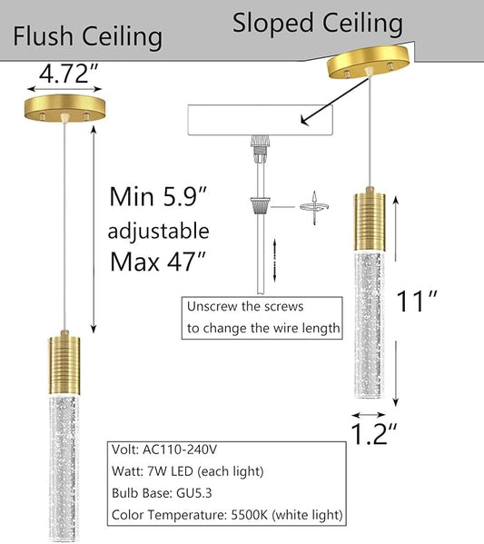 HAIXIANG Set of 2 Pendant Lights for Kitchen Island, White Light, Gold Crystal Linear Pendant Lighting, Bar Corner LED Light Fixture