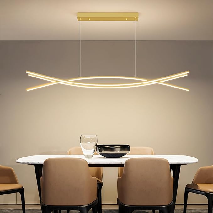 Modern Ceiling Chandelier Light, 39IN Gold Pendant Light Fixtures with Remote Control 3000k-6500K Adjustable Color Temperature, Aluminum Island Lighting Lamp for Dining Room, Living Room, Island