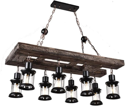 A Million Retro Farmhouse Wood Chandelier, 8-Light Industrial Chandelier Light Fixture with Seeded Glass Shades, 38" Rectangle Pendant Chandeliers for Dining Room, Kitchen Island