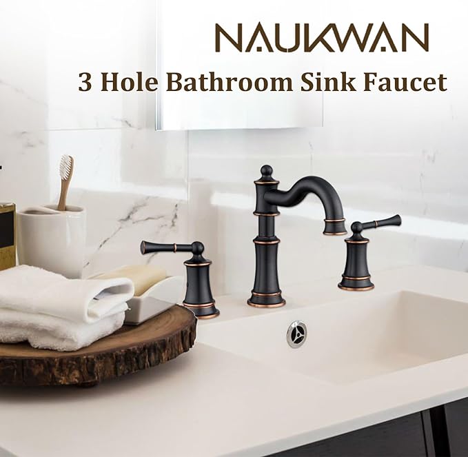 Bathroom Sink Faucet, Roman Stlye Rotated Spout Vanity Basin Faucets 3 Hole 2 Handle 8 inch Widespread Deck Mount Brass Faucet for Sink with Overflow Pop Up Drain Oil Rubbed Bronze NL2204-ORB