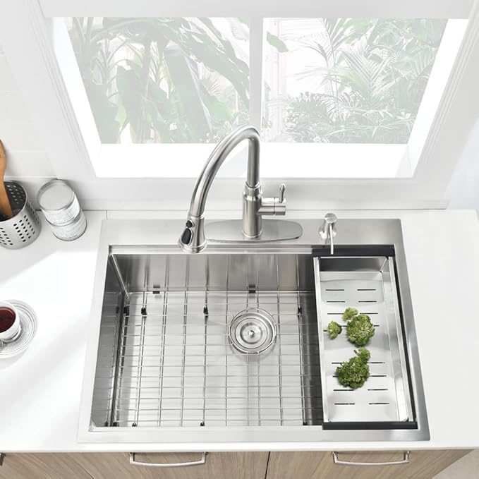 33x22 Drop in Kitchen Sink, Single Bowl Ledge Workstation 16 Gauge Stainless Steel Kitchen Sink Top Mount 2 Holes 10 Inch Deep (33"x22"10")