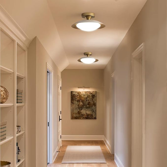 Dimmable Mid Century Modern Ceiling Light Fixtures Flush Mount, White and Gold LED Small Ceiling Light,11.8in 5CCT Kitchen Lighting Fxiture with Acrylic Shade for Hallway Bedroom Entryway Laundry Room