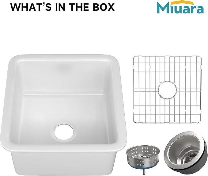 Miuara White Undermount Bar Sink 18 Inch - Small Topmount Kitchen Sink Drop In 18”x18”x9”, Dual Mount Single Bowl, Heavy Duty Solid Fireclay, w 2 Accessories, for Kitchen, Laundry, Powder, Outdoor