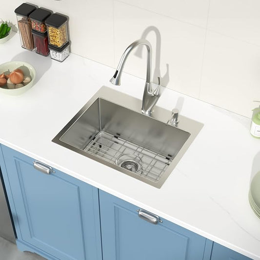 Drop in Bar Sink 20x16 Inch 16 Gauge Stainless Steel Handmade Topmount Kitchen Sink Single Bowl -8 Inches Deep