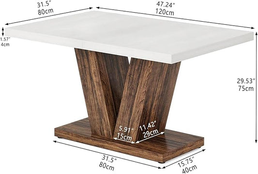 Oigavfd 47 Inch Dining Table, Rectangular Kitchen Table for 4 with Heavy Duty Pedestal Base, Modern Farmhouse Wood Dining Table for Dining Room, Kitchen, and Small Space (White and Brown)