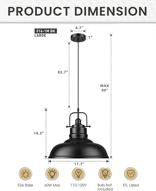 zeyu Black Pendant Lighting, 2 Pack Hanging Kitchen Lights, 1-Light Pendant Light with Metal Dome Shade, Matte Black Finish, 016-1M-2PK BK