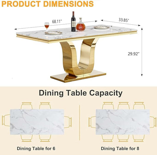 Henf 68" Modern Dining Table for 6, White Marble Kitchen Dining Room Table for 8, Large Rectangular Faux Marble Top and Gold U-Shape Steel Base, Rectangle Pedestal Table for Kitchen, Dining Room