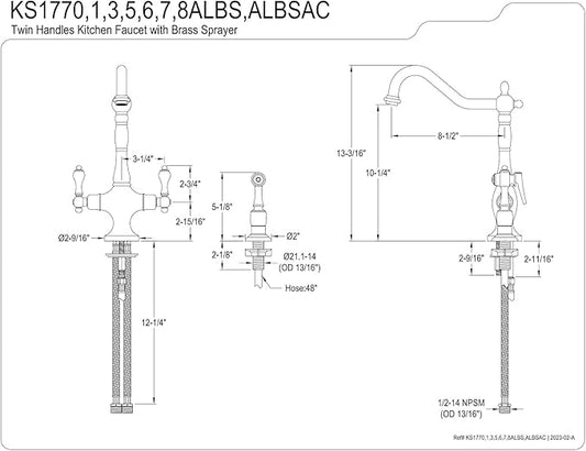 Kingston Brass KS1778ALBS Heritage 2-Handle Kitchen Faucet with Brass Sprayer, Brushed Nickel