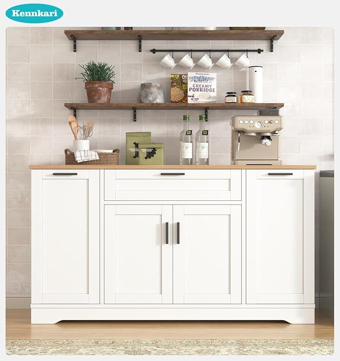 53.7'' Multi-Functional Storage Sideboard with Adjustable Shelves, Mid-Century Modern Console Table with 3-Tier Pull-Out Rack, Kitchen Island for Kitchen, Dining Room and Living Room (White)