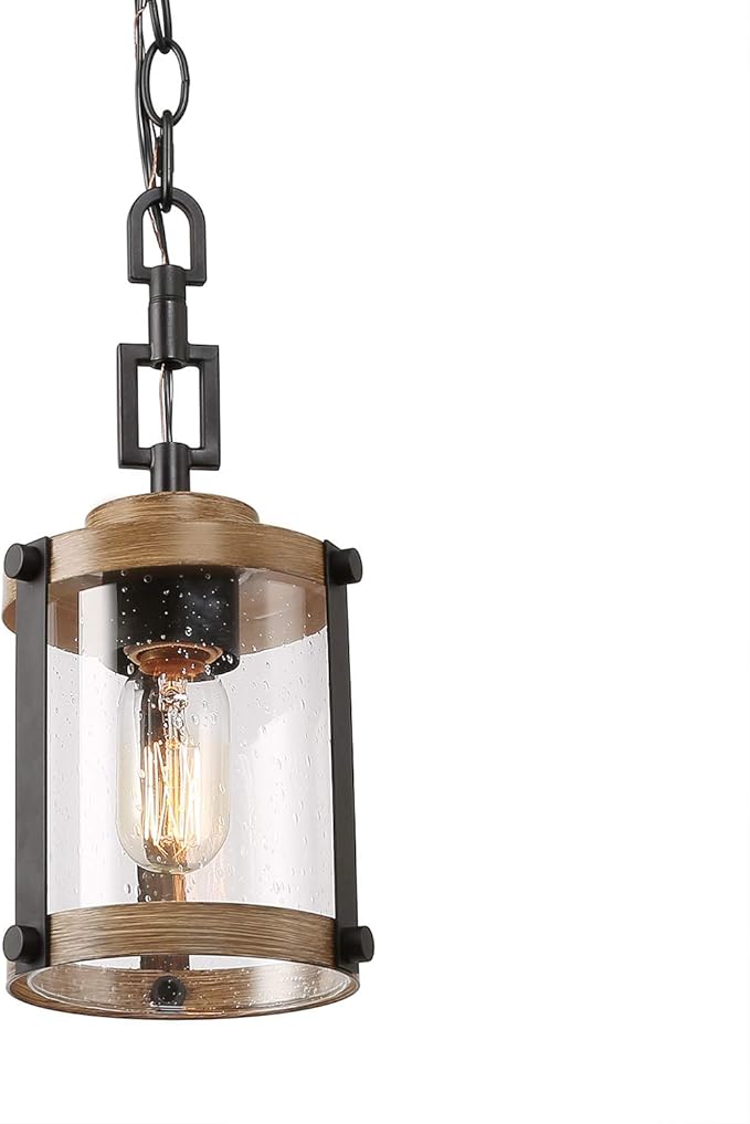 LOG BARN Pendant Lighting for Kitchen Island, Farmhouse Mini Chandelier in Faux Wood Metal with Bubbled Glass Shade, Rustic Ceiling Fixture Hanging for Dining Room, Hallway