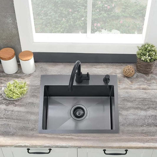 20x16 Black Bar Sink Drop In,16 Gauge Overmount Small RV Sink Stainless Steel Black Kitchen Sink Top Mount Outdoor Single Bowl Prep Sink