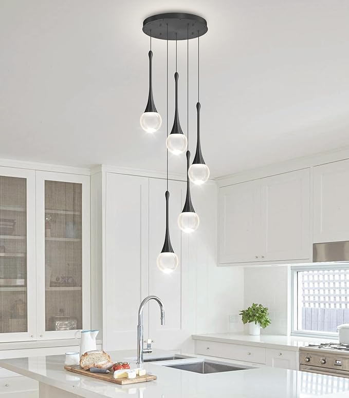 Crystal Chandelier for Dining Room Glam 5 Light Cluster Crystal Pendant Light Dimmable LED Chandeliers for Kitchen Island Living Room Black