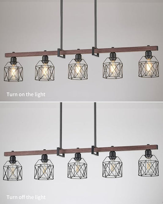 5-Light Industrial Kitchen Island Lighting with Wood Grain Bar and Black Metal Cage, Farmhouse Rustic Hanging Ceiling Lamp for Dining Room, Living Room