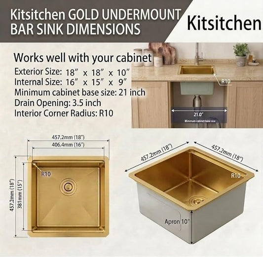 Kitsitchen Gold Bar Sink Undermount,18 Inch Small Bar & Prep Sinks,16 Gauge Stainless Steel Bar Sink with Workstation for Wet Bar Area(18" X 18" X 10")