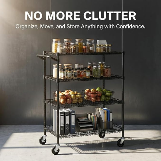 Finnhomy 4 Tier Heavy Duty Commercial Grade Rolling Cart with Handle Bar, Metal Wire Utility Cart with Wheels, Shelf Size 18" D x 30" W, NSF Listed, Black