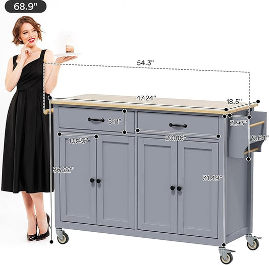 Rovibek Large Kitchen Island on Wheels with Storage 54 in Width Mobile Moveable Portable Rolling Wood Islandfor Kitchen Dining Room with Drawers Cabinet Spice Rack Towel Rack