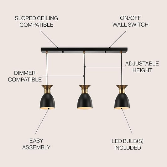 JONATHAN Y 33.25" Black/Brass Gold Modern Metal LED Pendant Light Fixture, Adjustable Hanging Ceiling Lamp for Kitchen Island Bedside, Metal Black Shade, LED Bulb Included (JYL6138A)