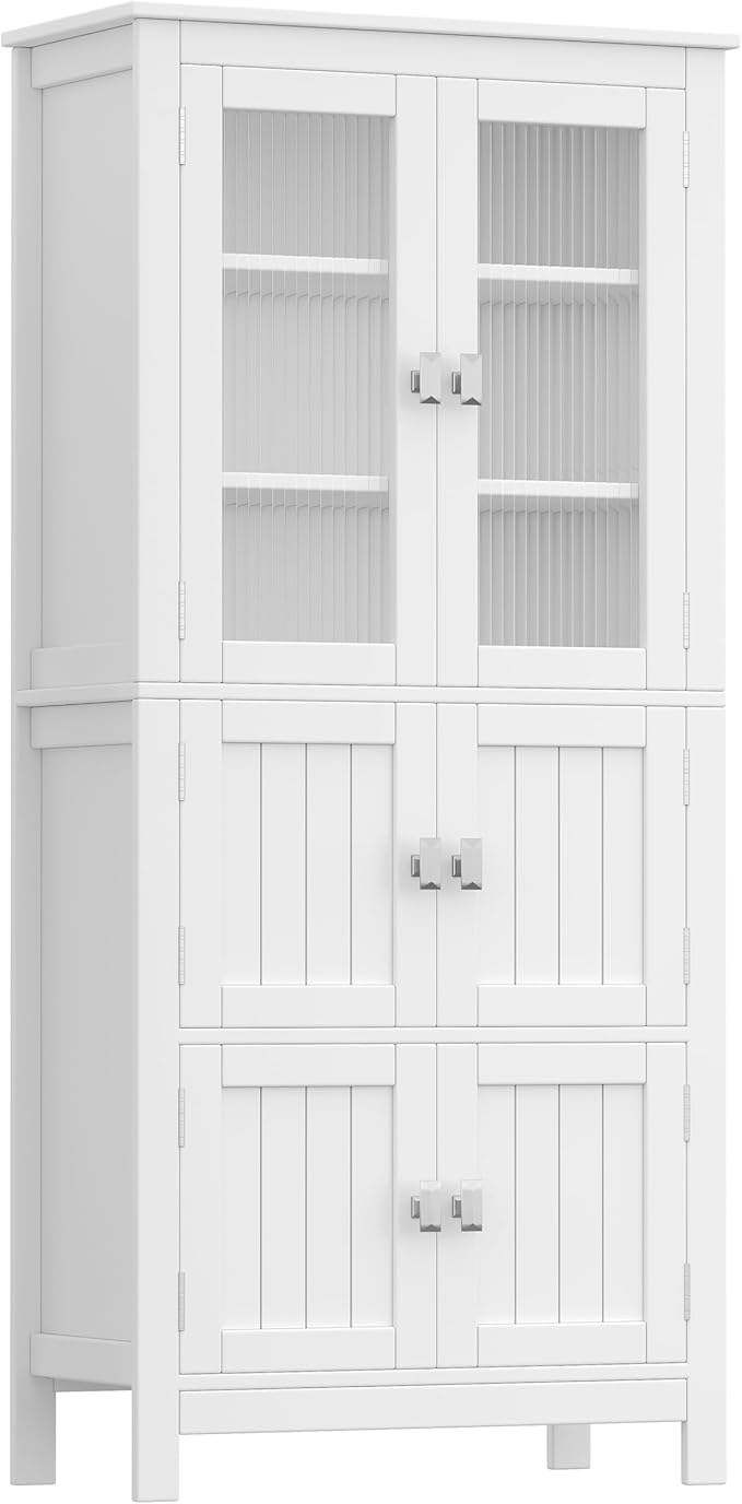 Akxomel 53.1" H Tall Bathroom Storage Cabinet, Bathroom Floor Cabinet with 6 Doors and Adjustable Shlef, Linen Cabinet, Pantry Cabinet for Living Room, Kitchen, Entryway, White
