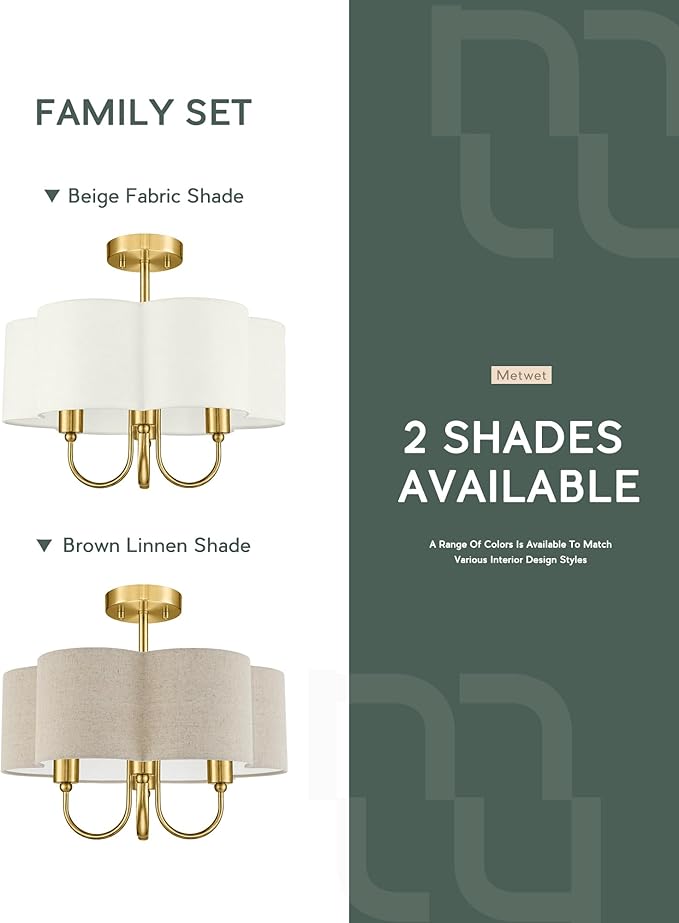 Gold Semi Flush Mount Ceiling Light, 18" 4-Light Light Fixtures Ceiling Mount with Brown Linen Petal Shade for Kitchen Nursery Entryway Hallway Bedroom, E26 Base, SM179-BG-L-6