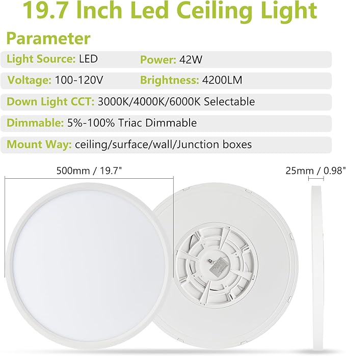20 Inch Large LED Flush Mount Ceiling Light, 42W 4200LM Dimmable & 3000K/4000K/6000K Selectable, Low Profile Ceiling Fixtures for Bedroom Apartment Laundry Room Kitchen, White