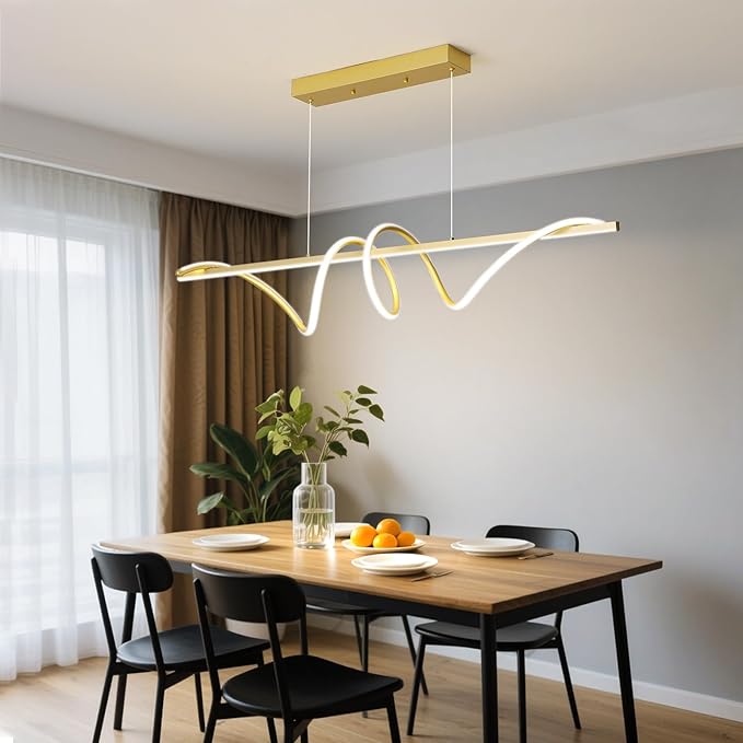 Modern LED Gold Pendant Light, 39IN Ceiling Chandelier Fixtures Dimmable with Remote Control 3000k-6500K Adjustable Color Temperature, Aluminum Island Lighting Lamp for Dining Room, Living Room