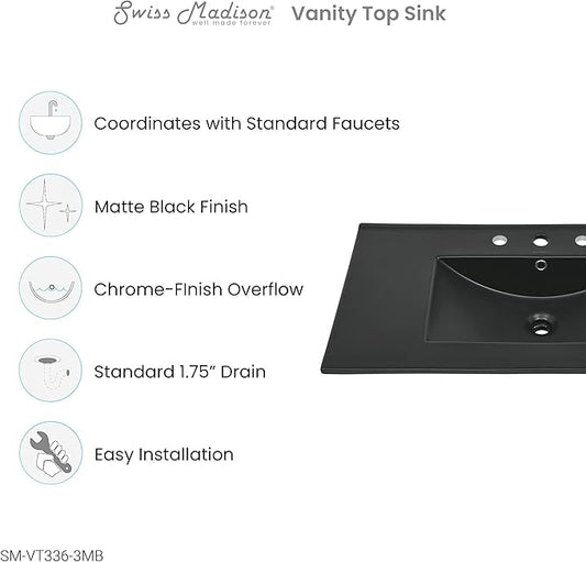 36" Ceramic Vanity Top with Three Faucet Holes in Matte Black