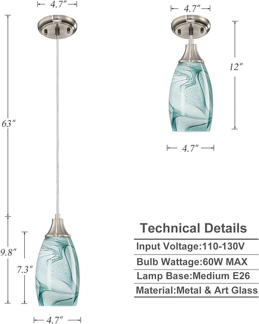 karyfine Mini Pendant Lights Kitchen Island Light Brown Glass Lamp Shade Hand Blown Glass Pendant Light with Brush Nickel Finish Adjustable Cord for Kitchen Over Sink (Green Marble-1Packs)