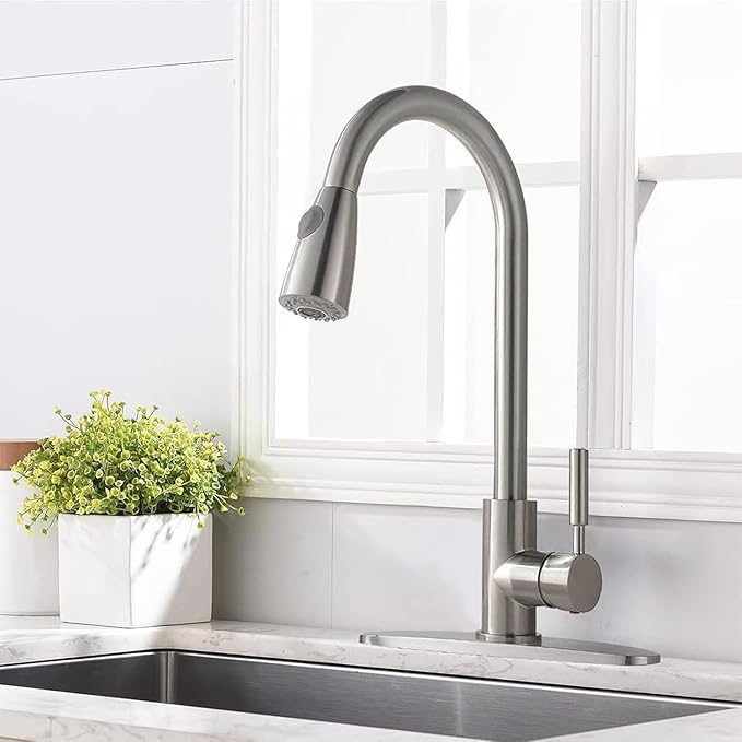 Comllen Kitchen Faucet with Pull Down Sprayers, Brushed Nickel Kitchen Faucets, Modern Pull Out Stainless Steel Kitchen Sink Faucet Single Handle Faucet Swivel Spout with Deck Plate