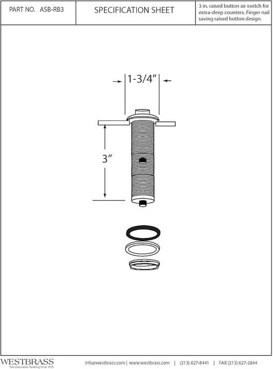 Westbrass ASB-RB3-62 Sink Top Waste Disposal Replacement Air Switch Trim Only, Raised Button, Matte Black
