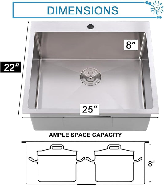 VAPSINT 25x22 Inch Drop In Kitchen Sink, 25 Inch Top Mount 16 Gauge Stainless Steel Single Bowl Deep Small Kitchen Sink, RV Laundry Utility Sinks with Basket Strainer