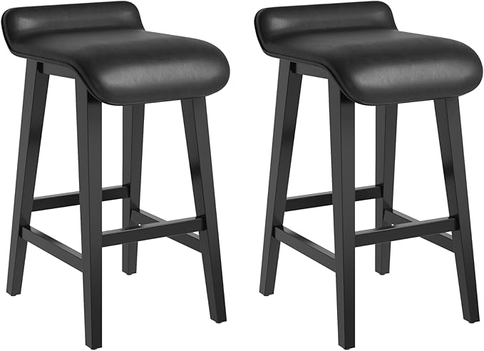 IDEALHOUSE 26.2" Solid Wood Bar Stools Set of 2, Counter Height Bar Stools with Wide PU Leather Upholstered Seat, Barstools Set for Kitchen Islands, Counter Bars, Black