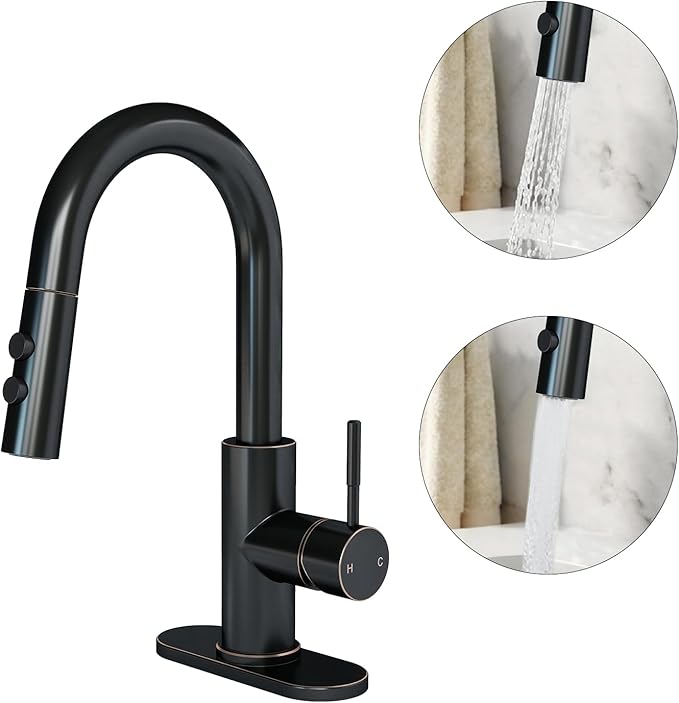 Fransiton Bathroom Faucets with Pull Down Sprayer, Bar Sink Faucet Single Hole for Kitchen Campers with Pop-Up Drain Hose, Suitable for Farmhouse Vanity Lavatory