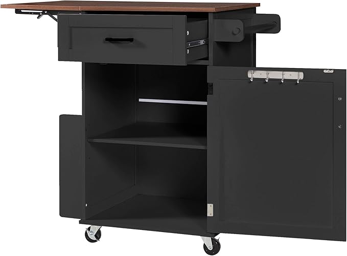 39.3" Farmhouse Kitchen Island with Drop Leaf and Open Side Rack, Small Kitchen Rolling Cart with Drawer and Storage Cabinet, Mobile Dining Table with Lockable Wheels and Towel Rack for Garden Black