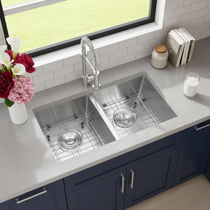 GarveeTech Undermount Kitchen Sink 36 x 19 x 10 Inch, Double Bowl Stainless Steel Sink, Brushed Finish, Includes Bottom Grids & Drain Assemblies