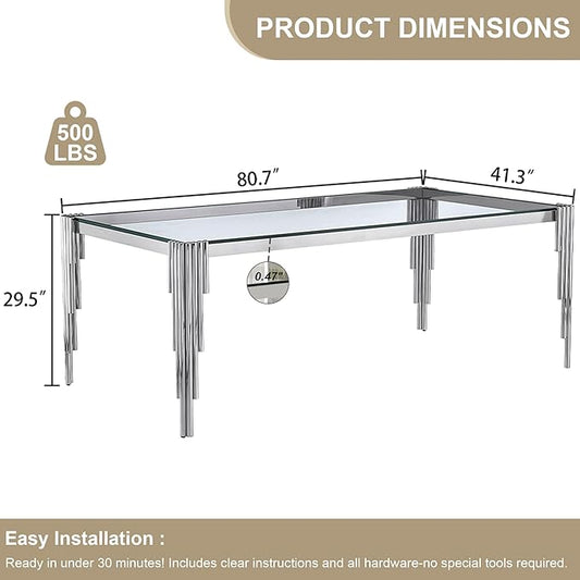 Rectangle Glass Dining Table, 81" Clear Tempered Glass Desktop with Silver Mirrored Stainless Steel Legs, Modern Elegance for 8-10 People, for Kitchen, Living Room, Office
