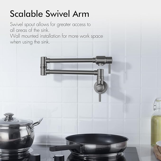 BAGNOLUX Traditional Wall Mount Single Hole Pot Filler Faucet, Black Stainless Pot Filler, Brass Kitchen Faucet Stove with 2 Lever Handles and Double Jointed Swing Arm, 23.4 Inch, Black Stainless-PVD